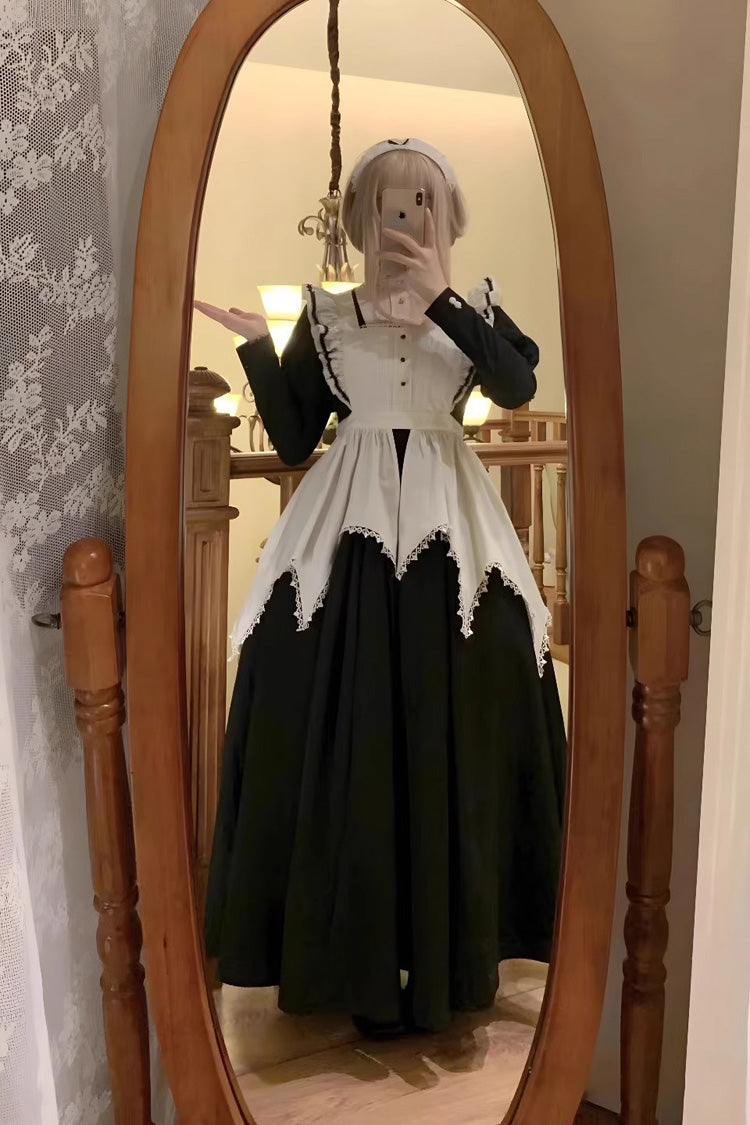 黒/白の修道女風メイドロングパフスリーブスリムゴシックロリータドレス