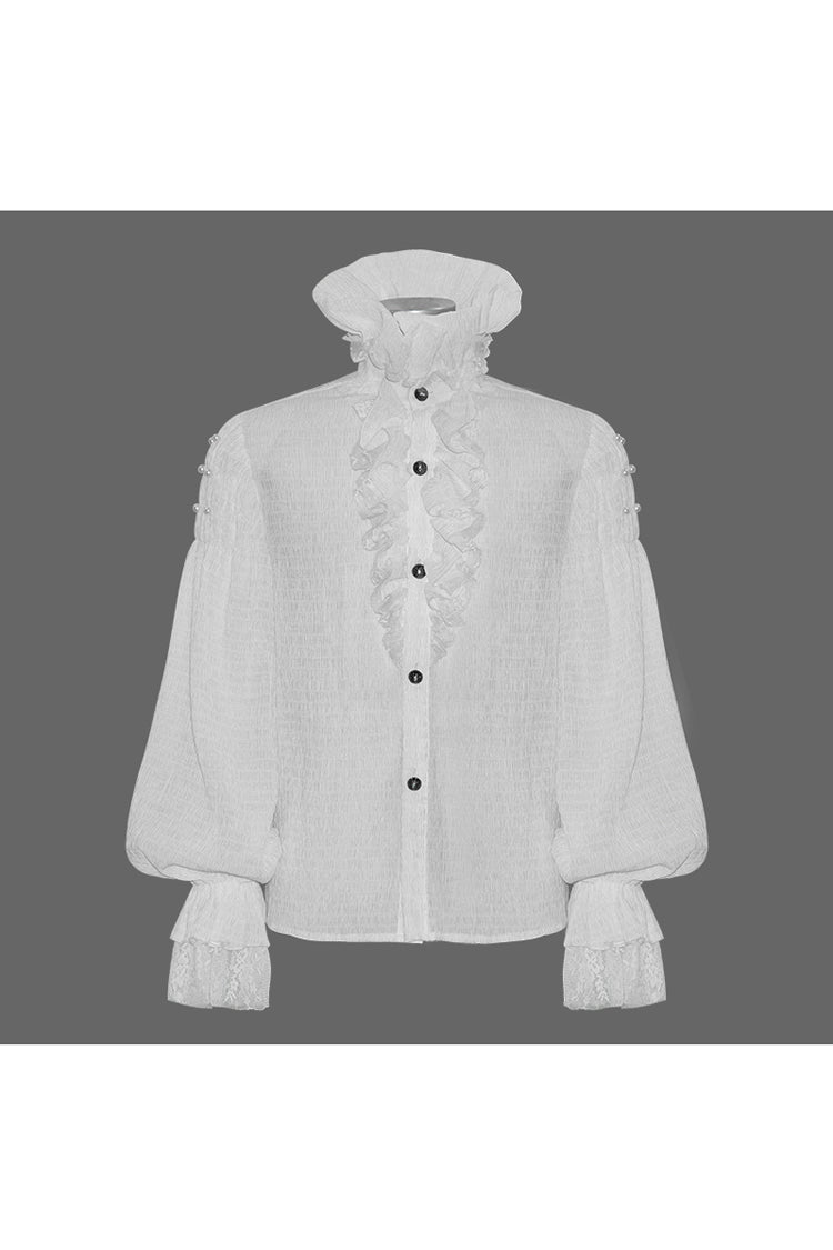 White Ruffle Stand Collar Lantern Sleeves Jacquard Men's Gothic Blouse