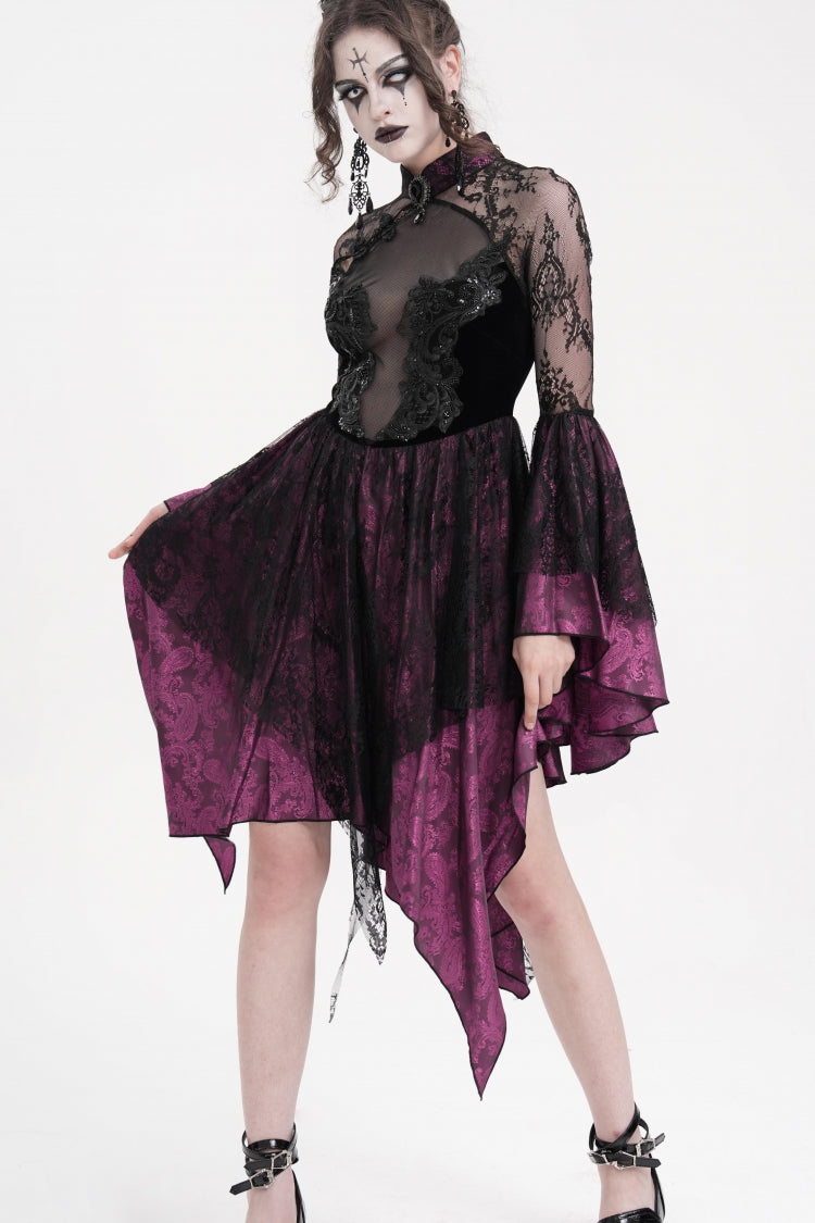 Black/Purple Long Sleeves Embroidery Lace Lace-Up Irregular Sheer Mesh Women's Gothic Dress