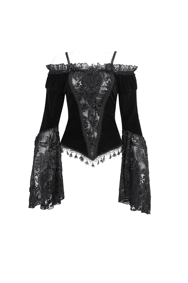 Black Off Shoulder Trumpet Sleeves Embroidery Lace Women's Gothic Blouse