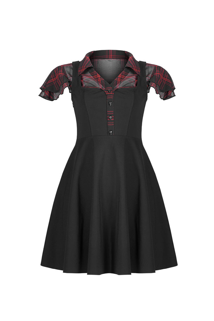 Schwarz/Rot V-Ausschnitt Rüschen Kurzarm Karo Chiffon Taillen Totenkopf Nieten Damen Punk Kleid