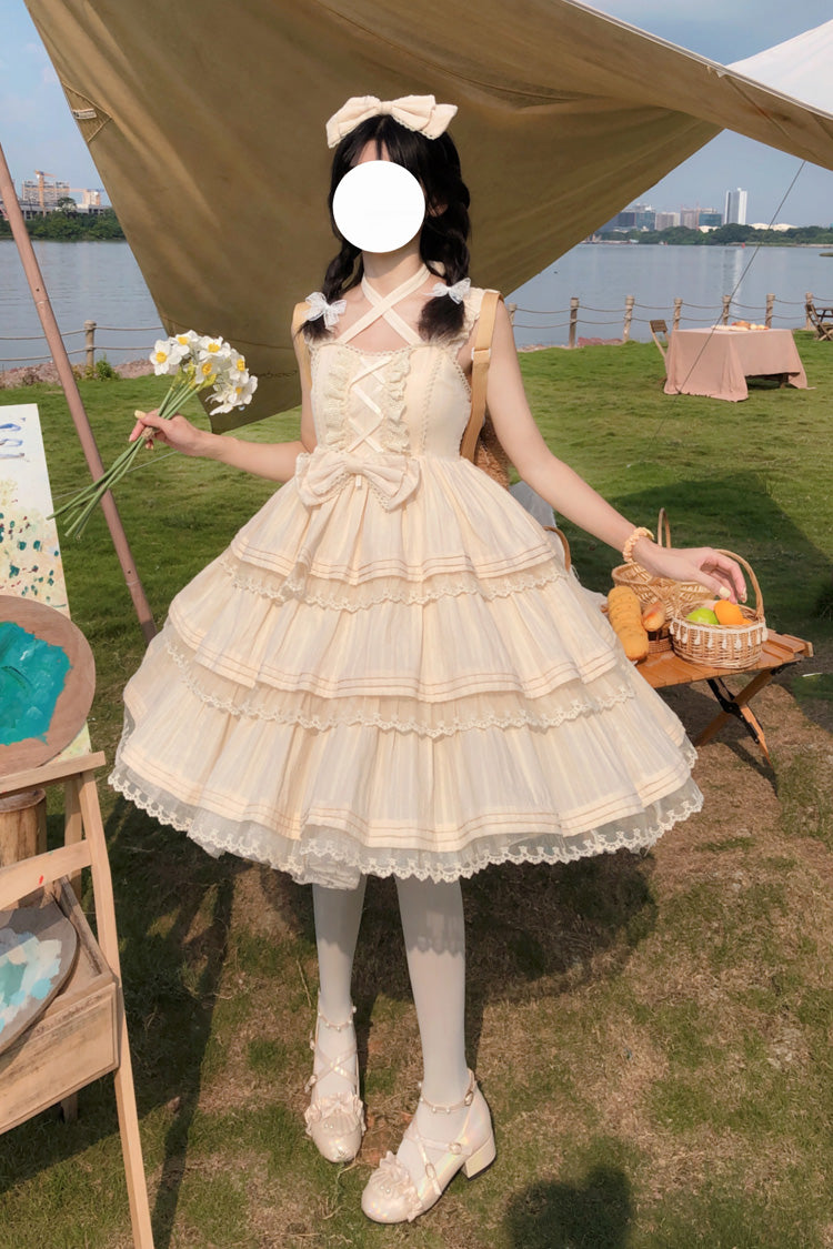 Apricot First Love Süßes Lolita JSK Kleid mit dreilagigem Rüschen und Schleife aus Spitze