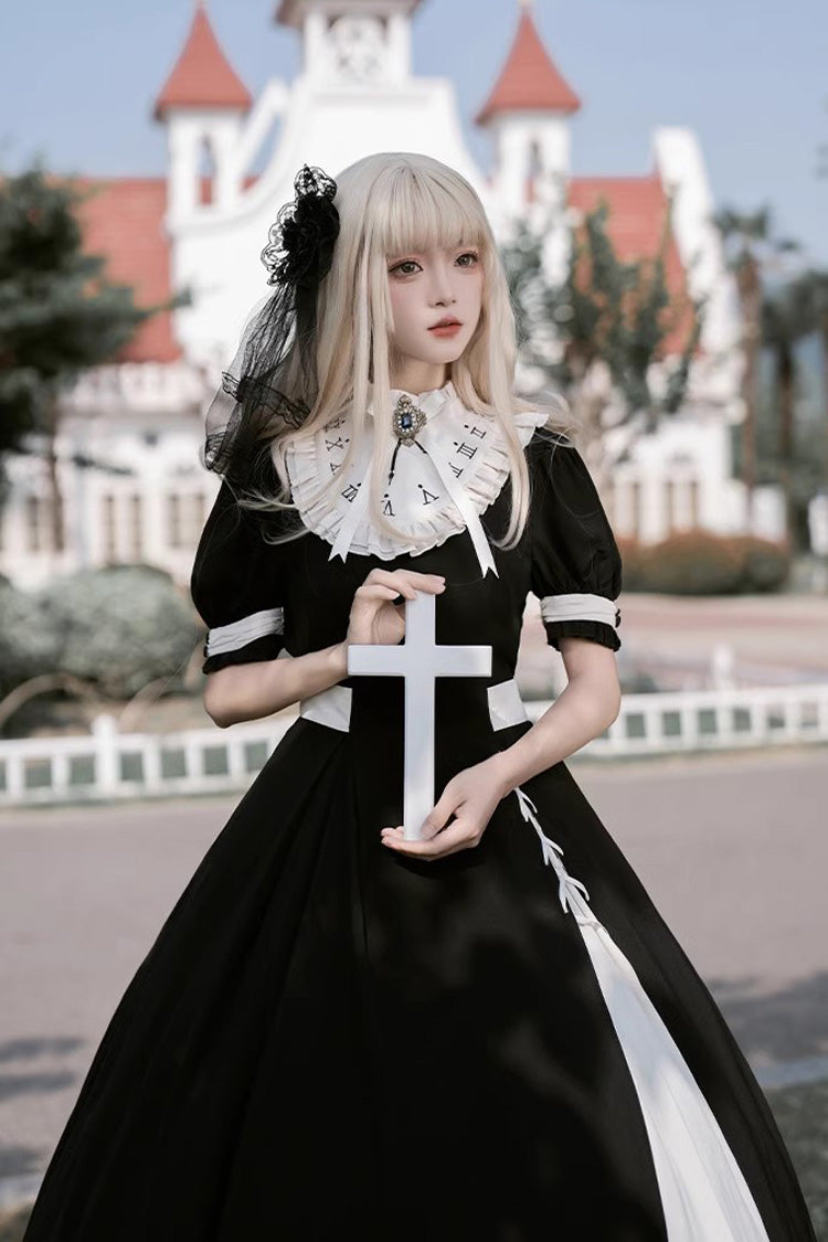 Black/White Short Sleeves Color-blocked with Detachable Embroidered Faux Collar Gothic Lolita Dress