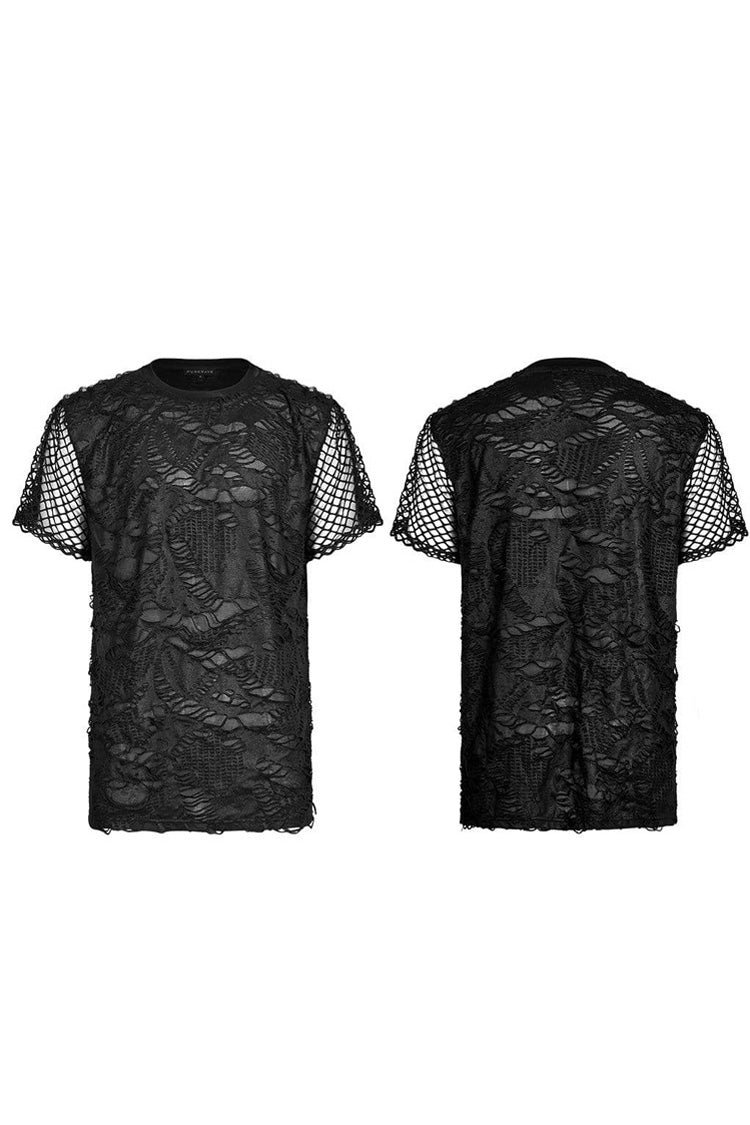 Black Punk Irregular Ripped Mesh Stitching Stretch Loose Knit Short Sleeved Men's T-Shirt