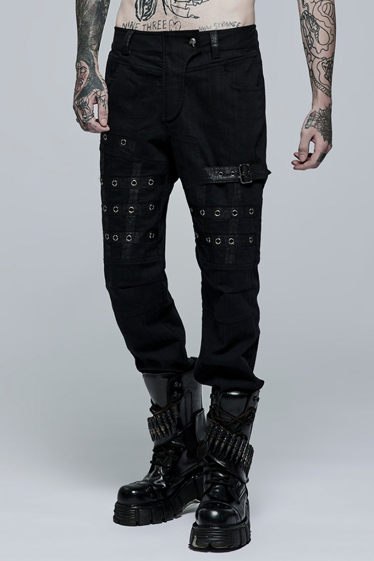 Black Faux Leather Stitching Metal Buttonhole Men's Steampunk Pants