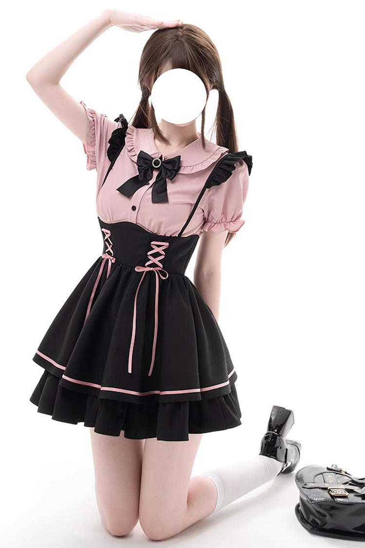 Black/Pink First Sakura Short Sleeves Multi-layer Lace-Up Sweet Jirai Kei Japanese Set