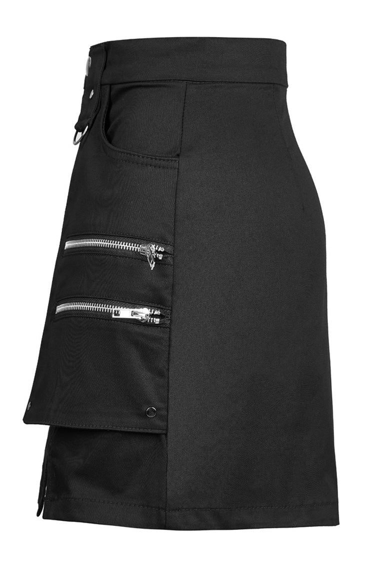 Black Heavy Industrial Hem Slit Design Multi-Pocket Zipper Trim Sexy Women's Punk Mini Skirt