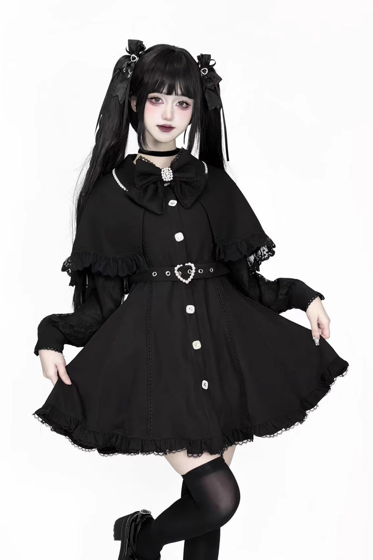 Black Long Sleeves Removable Cape Ruffle Lace Gothic Jirai Kei Elegant Dress