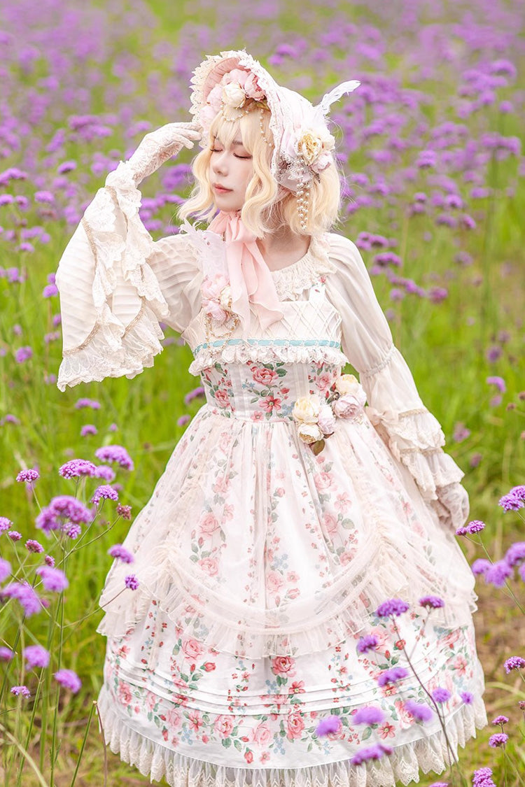 Apricot Rose Morning Dew Print Sweet Elegant Lolita Jsk Dress