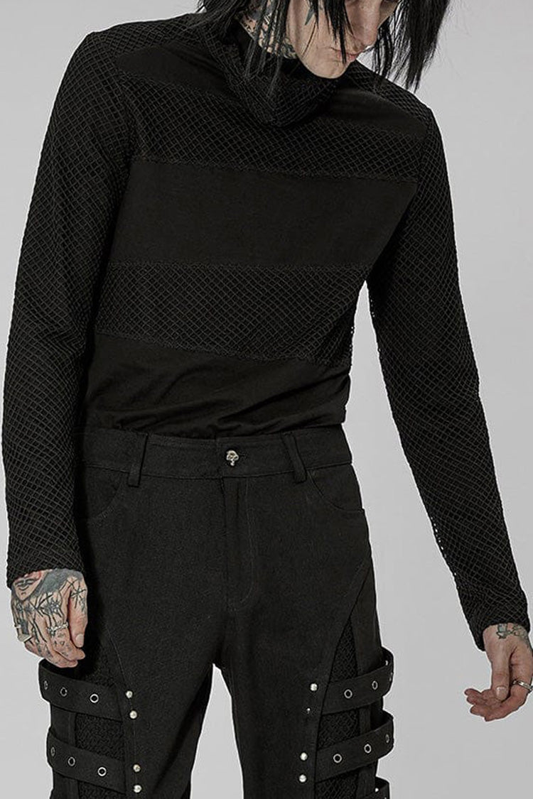 Black Punk Super High Collar Masked Hanging Ear Splicing Mesh Long Sleeves Men's T-Shirt