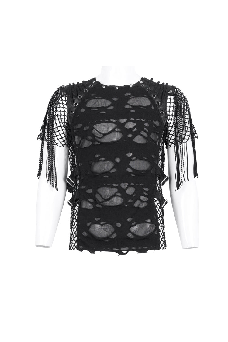 Black Round Collar Mesh Stitching Men's Punk T-Shirt