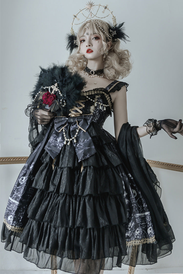 Schwarzes Rüschen-Cardigankleid mit Drachenreiter-Print, Schleife und Spitze, Gothic-Lolita-JSK-Kleid