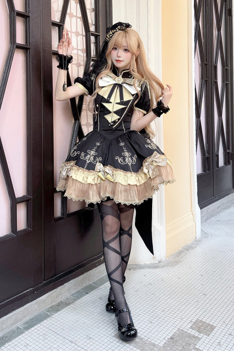 Black [Gilded Oath] Short Sleeves Double-Layered Ruffle Embroidery Bowknot Gothic Lolita Dress