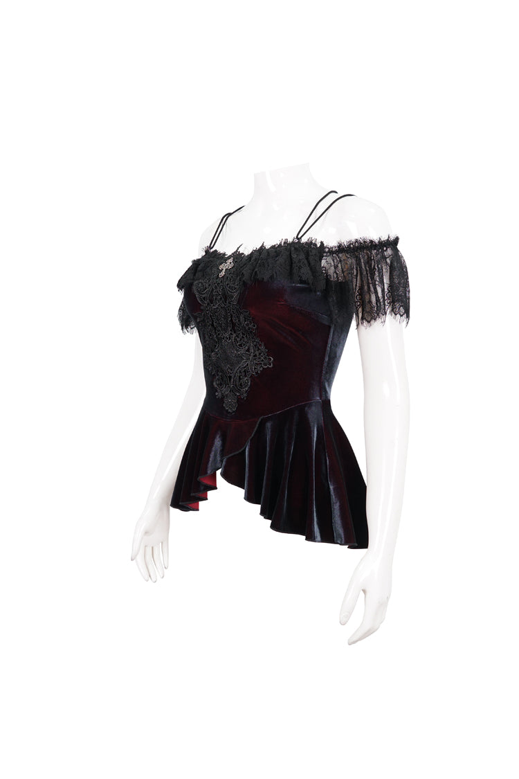 Red Stretch Velvet Eyelash Lace Short-Sleeved One-Shoulder Women's Gothic Strap T-Shirt