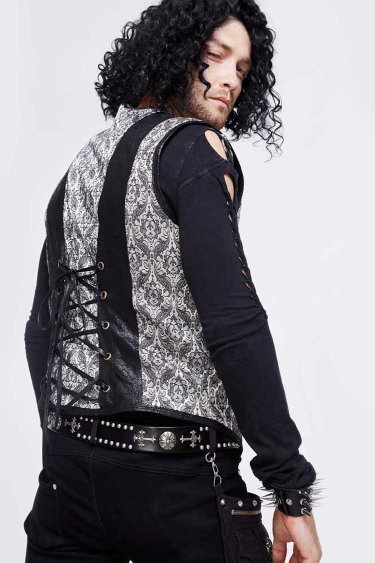 Silver Back Lace Up Jacquard Splice Chest Loop Men's Punk Waistcoat