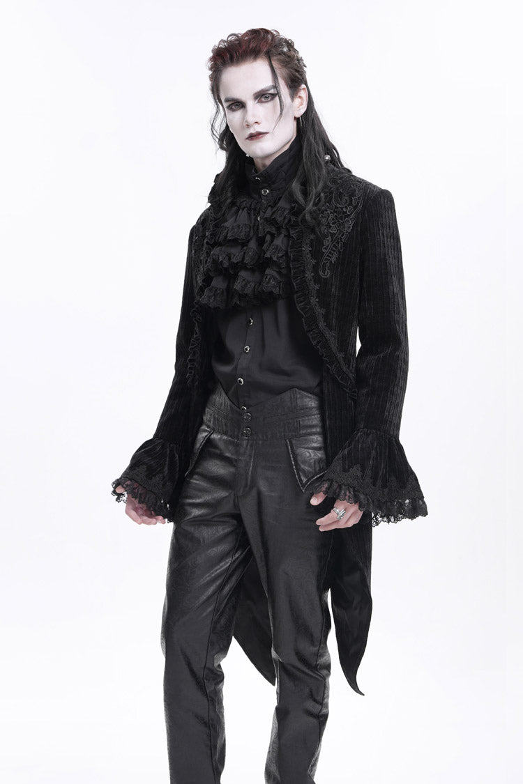 Black Stand Collar Swallow-tailed Long Sleeves Lace Men's Gothic Jacket