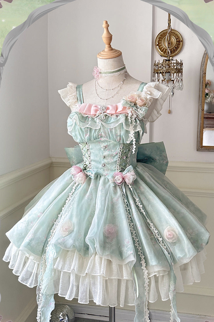 Süßes Lolita-Kleid mit grünem Blumen-Feenwaldgarten-Druck, Rüschen und Schleife