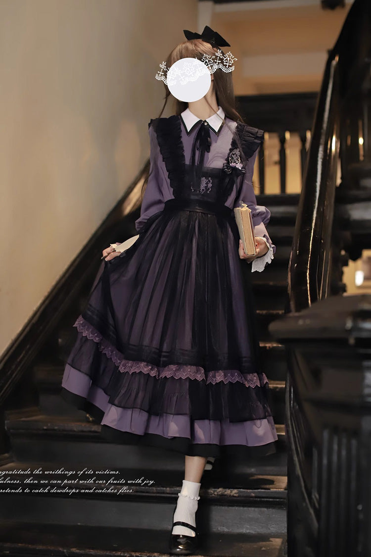 Black [Witch Academy] Double-Layered Ruffle Embroidery Bowknot Mesh Sweet Elegant Lolita Jumper Dress