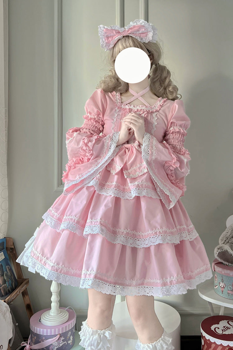 Rosa süßes Lolita-Kleid mit dreilagigen abnehmbaren Ärmeln, Schleife und Schnürung