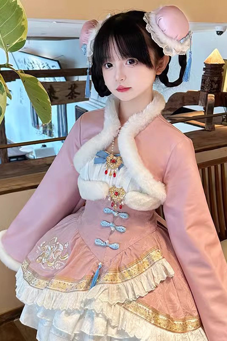 Mehrlagiges Rüschen-Stickerei-Schleifen-Kleid im süßen chinesischen Lolita-JSK-Stil, 2 Farben