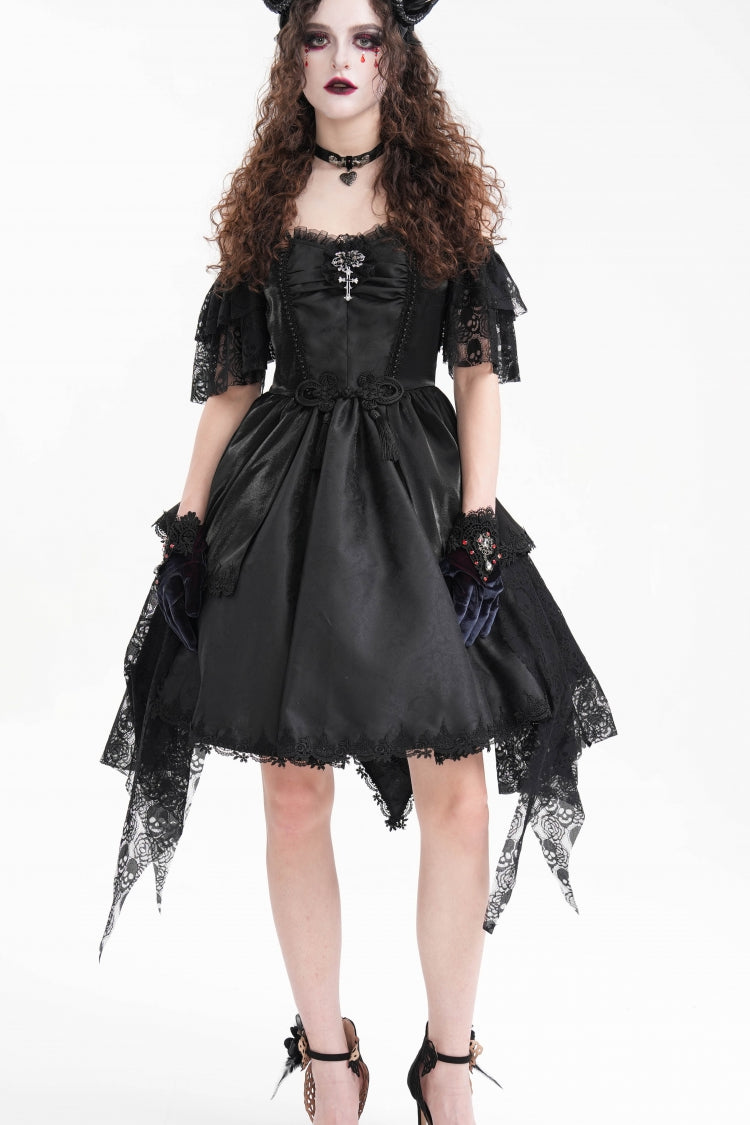 Black Halterneck Lace Lace-Up Irregular Hem Women's Gothic Dress