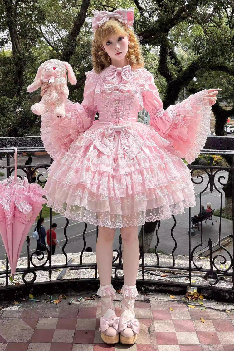 Rosa [Love Overture] Süßes Lolita Jsk Kleid mit mehrlagigem Rüschen- und Schleifenmuster und Spitze