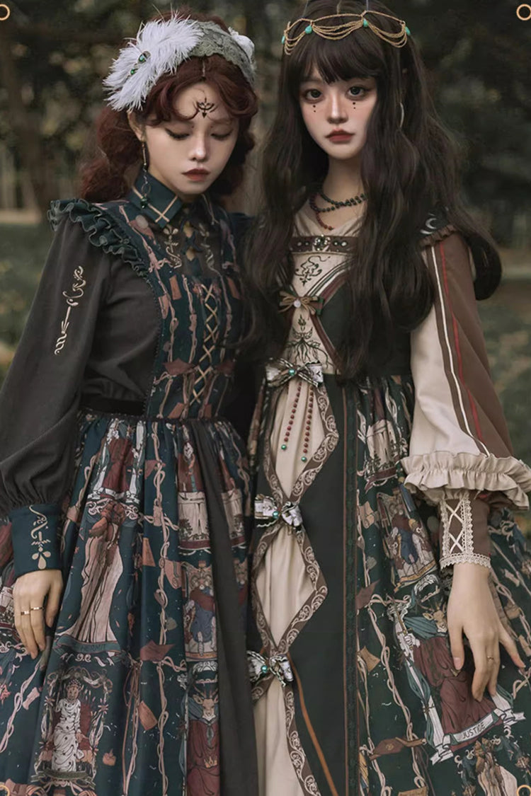 Dark Green [Tarot] Print Long Puff Sleeves Ruffle Bowknot Ripped Sweet Elegant Lolita Dress