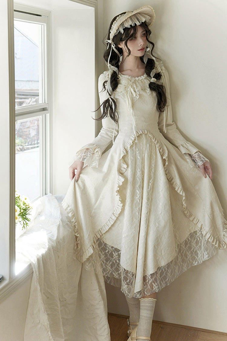 Ivory [White Tea] Long Sleeves Ruffle Bowknot Lace Irregular Classic Princess Lolita Dress