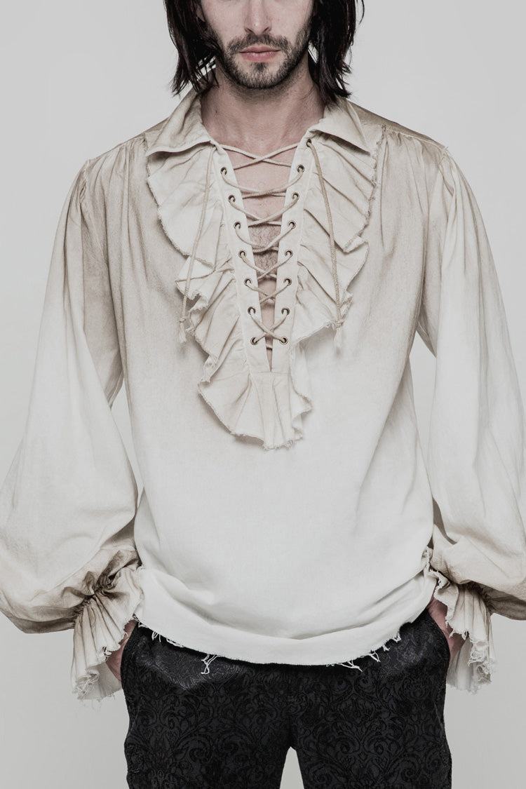 Men's Long Sleeves Ruched Lace-Up Steampunk Blouse 2 Colors