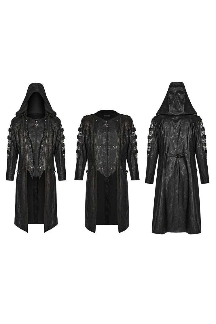 Black Crackled Mesh Hollow Stitching Hooded Mens Steampunk Coat