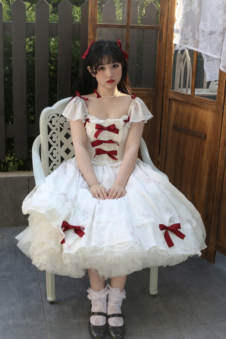 Rose Elegant Short Sleeves Print Ruffle Bowknot Sweet Plus Size Lolita Dress 2 Colors