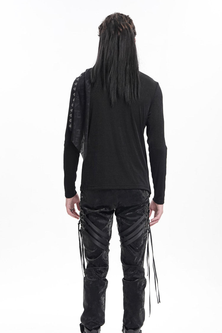 Schwarzes, langärmliges, asymmetrisches Gothic-Sweatshirt für Herren mit Kettenmuster und Drucknähten