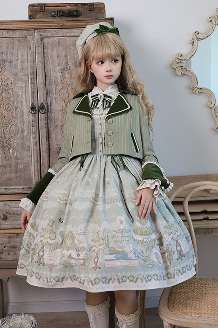 [Iris Study] Square Collar Print Bowknot Lace-Up Sweet Lolita Jumper Dress 2 Colors