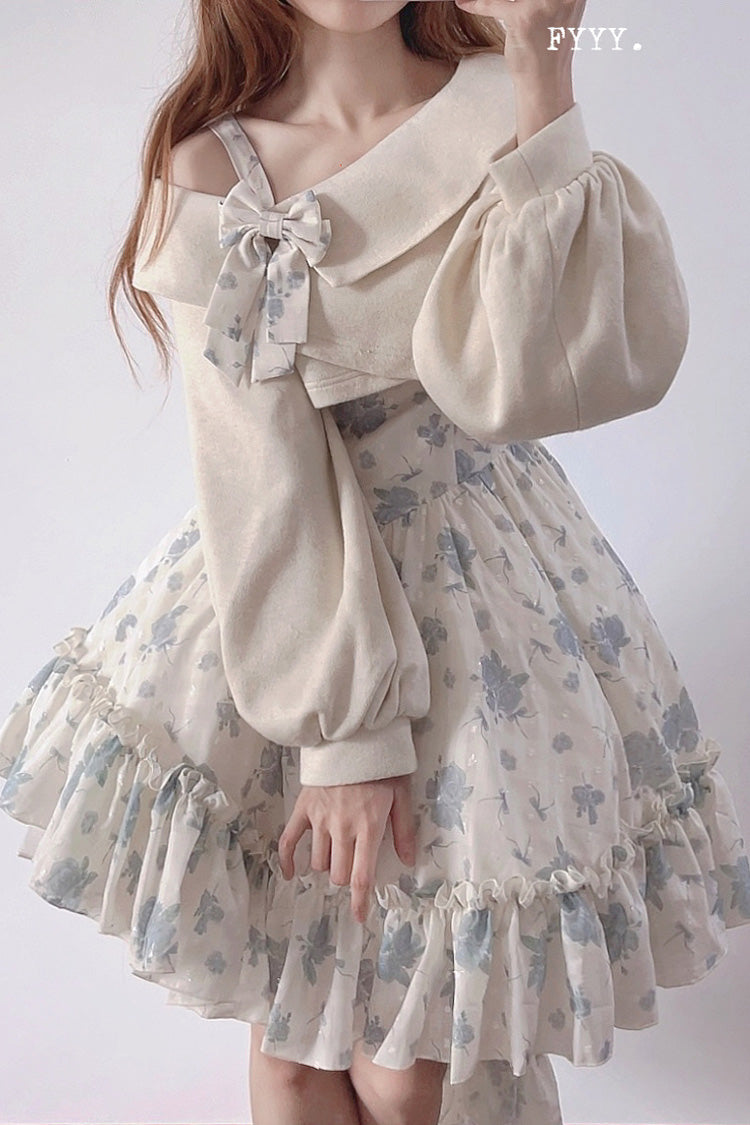 Blue Oblique Shoulder Print Ruffle Bowknot Lace Sweet Lolita Jsk Dress Set