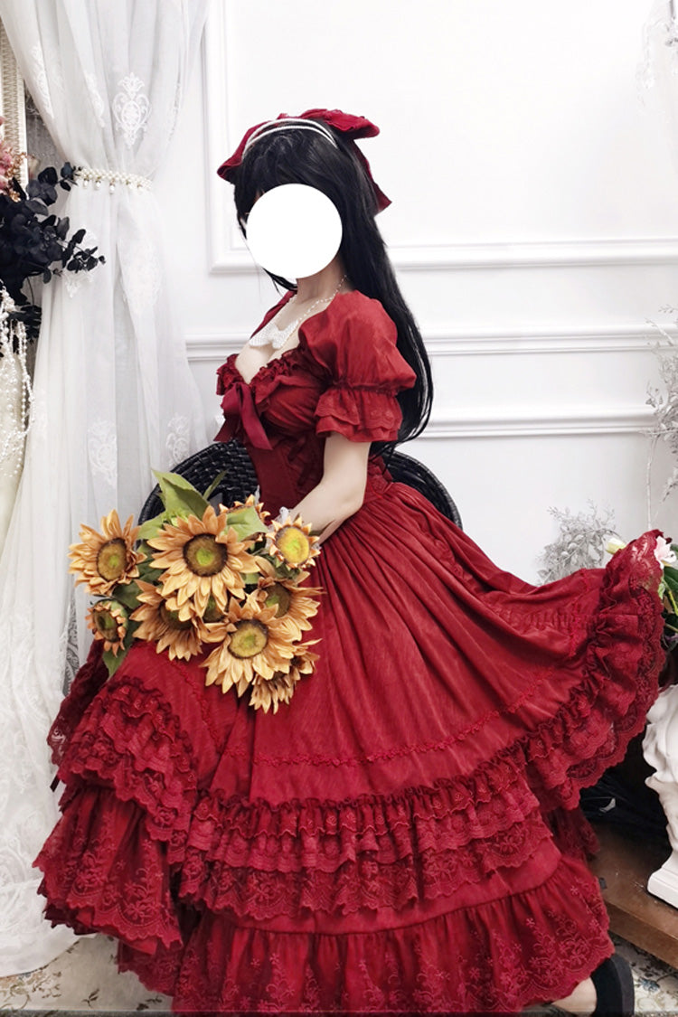 Rotes, kurzes Lolita-Kleid mit Puffärmeln, mehrlagiger Rüschenschleife und klassischem Vintage-Stil