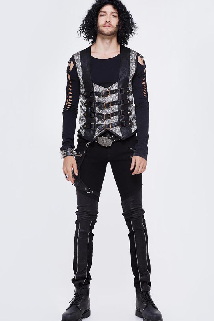 Silver Back Lace Up Jacquard Splice Chest Loop Men's Punk Waistcoat