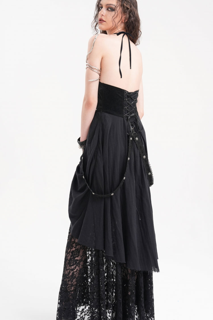 Black Halterneck Hollow Lace Women's Gothic Strap Maxi Dress