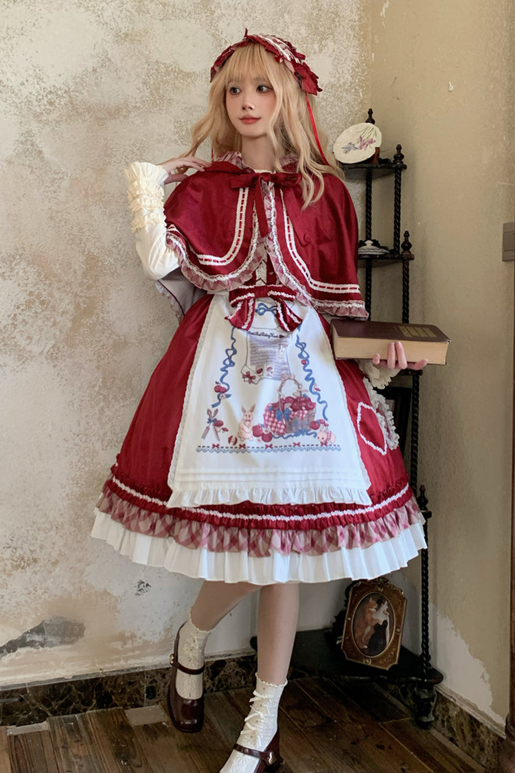 Weinrotes [Rotkäppchen] Süßes Lolita Jsk-Kleid mit Rüschen und Schleife