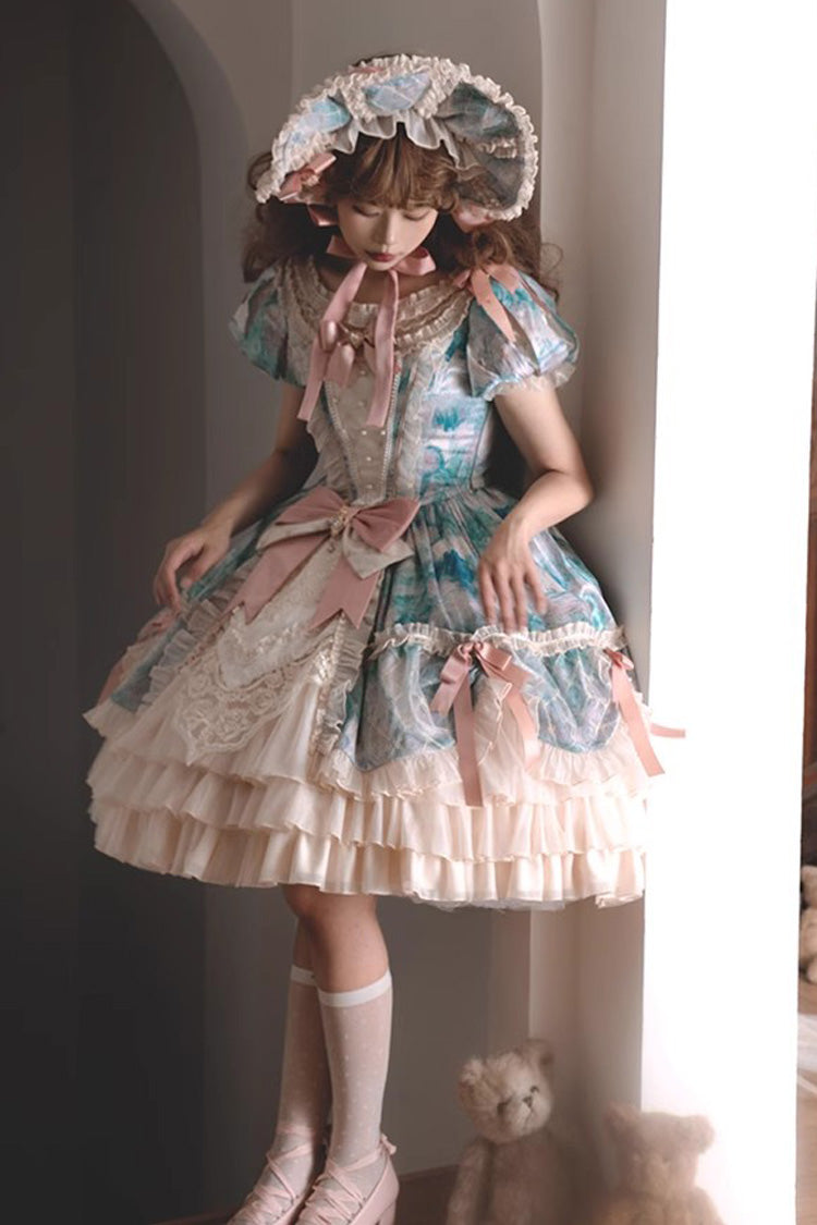 [Angel Heart Sky Oil Painting] Print Ruffle Cardigan Bowknot Sweet Princess Lolita Dress 3 Colors