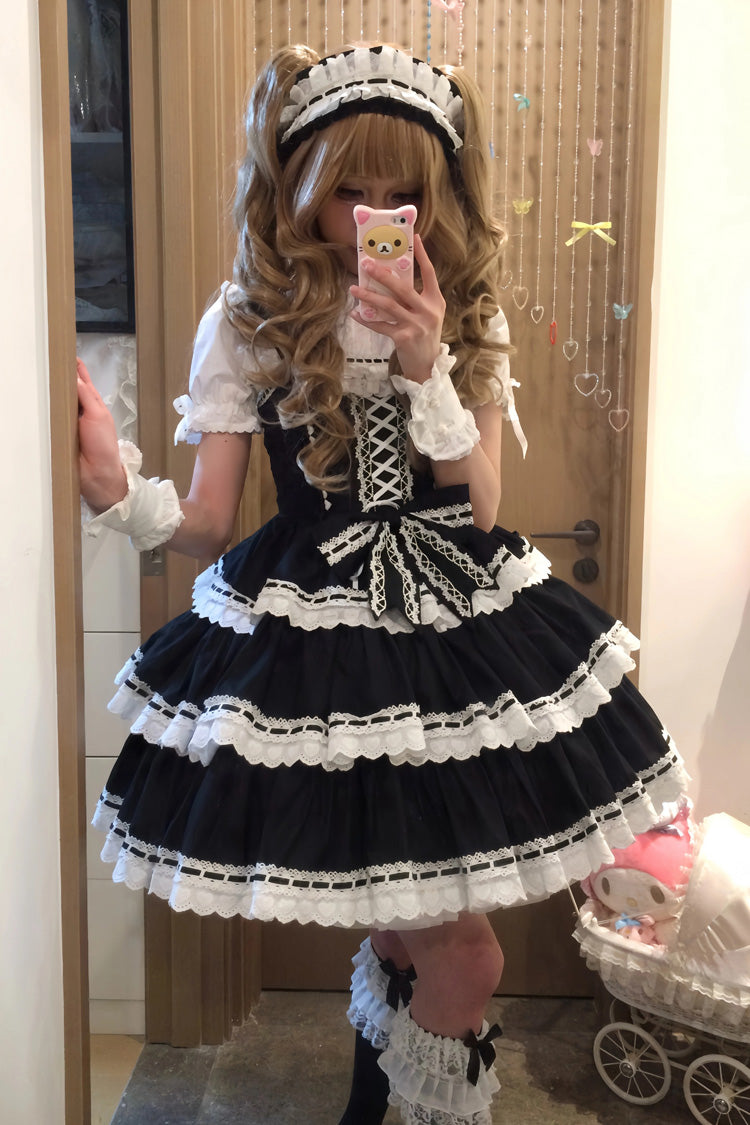 Black [Maiden Heart] Triple-Layered Ruffle Bowknot Lace Sweet Lolita Jsk Dress