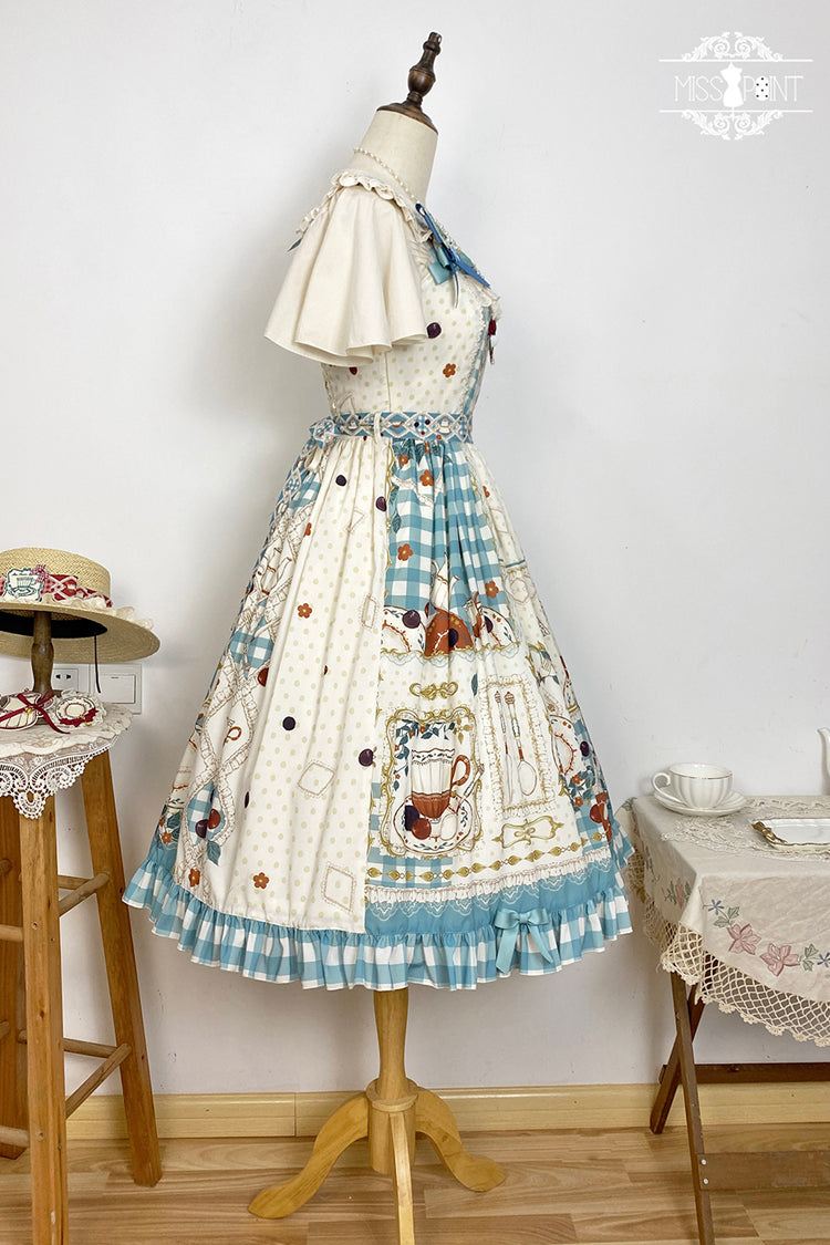 Blue/Green [Tea Party] Print Ruffle Bowknot Lace Sweet Elegant Lolita Jsk Dress