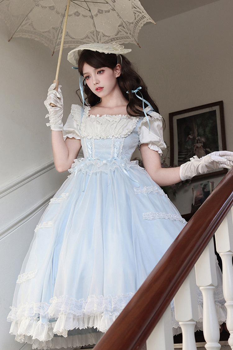 Hellblaues Lolita-Kleid-Set mit eckigem Kragen, kurzen Ärmeln und Rüschen