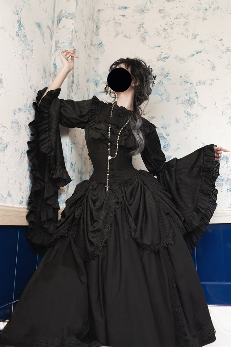 Black [Sleepwalking] Long Hime Sleeves Stitching Lace Plus Size Gothic Elegant Lolita Skirt Set