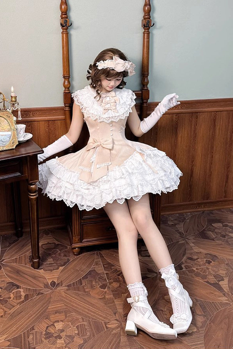 Champagne [Miss Tsundere] Sleeveless Multi-Layered Ruffle Bowknot Lace Asymmetric Sweet Princess Lolita Dress