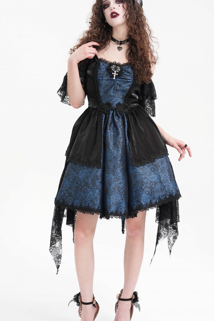 Blue Halterneck Lace Lace-Up Irregular Hem Women's Gothic Dress