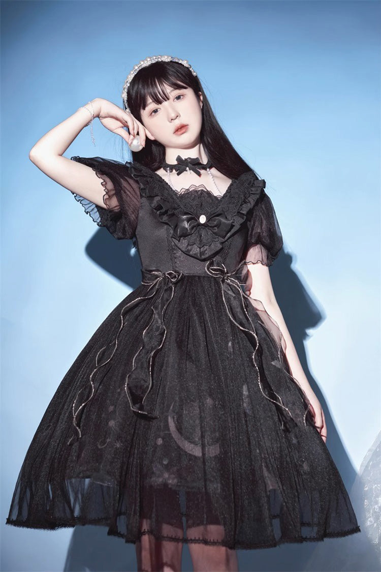 Schwarzes Gothic Lolita Kleid mit Rüschenspitze und Planet-Schmetterlings-Print und hoher Taille