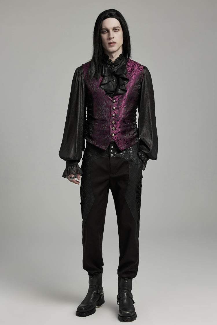 Black/Red Jacquard Lace-Up Slim Men's Gothic Vest