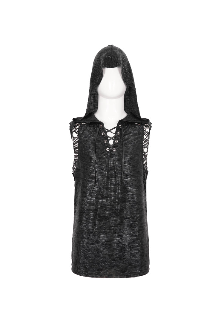 Black Strappy Mesh Splice Men's Punk Vest With Hood