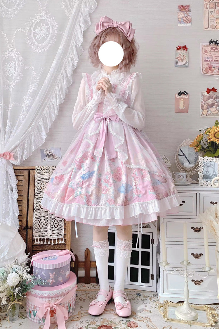 Rosa ärmelloses Lolita JSK Kleid mit hoher Taille und Kaninchen-Print, Rüschen und Schleife