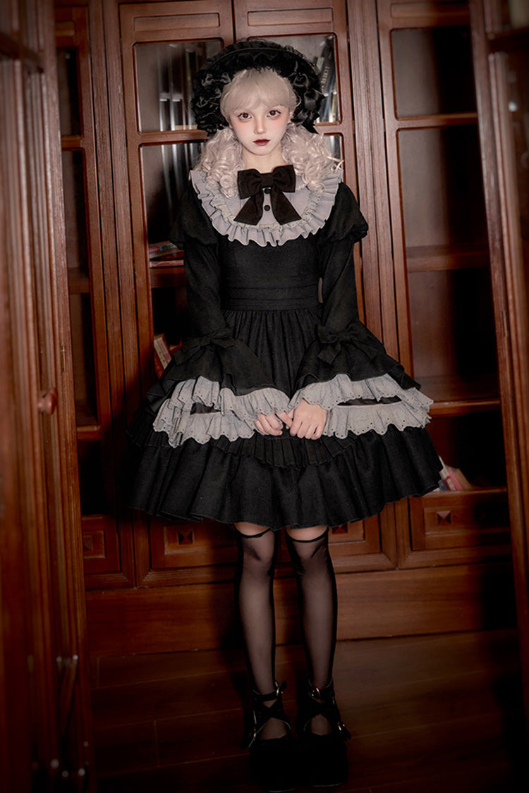 Schwarzes [Chapter of the Night] Gothic Lolita Kleid mit langen Hime-Ärmeln, Rüschen und Schleife